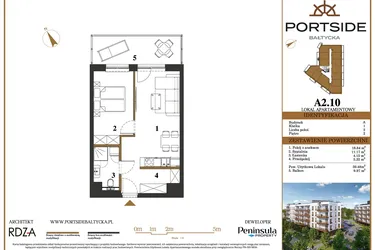 Rzut - Mieszkanie na sprzedaż 2 pokoje o powierzchni 39,48 m² - numer A2.10 w Portside Bałtycka