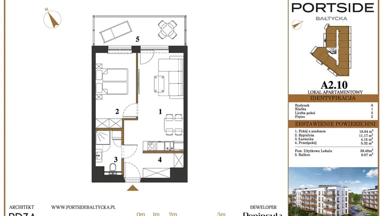 Rzut - Mieszkanie na sprzedaż 2 pokoje o powierzchni 39,48 m² - numer A2.10 w Portside Bałtycka