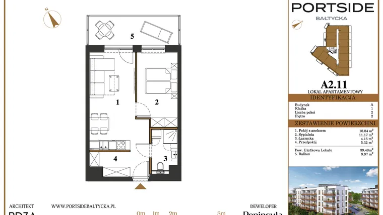 Rzut - Mieszkanie na sprzedaż 2 pokoje o powierzchni 39,48 m² - numer A2.11 w Portside Bałtycka