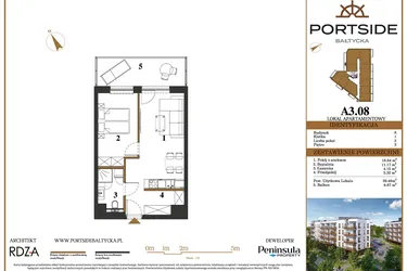 Rzut - Mieszkanie na sprzedaż 2 pokoje o powierzchni 39,48 m² - numer A3.08 w Portside Bałtycka