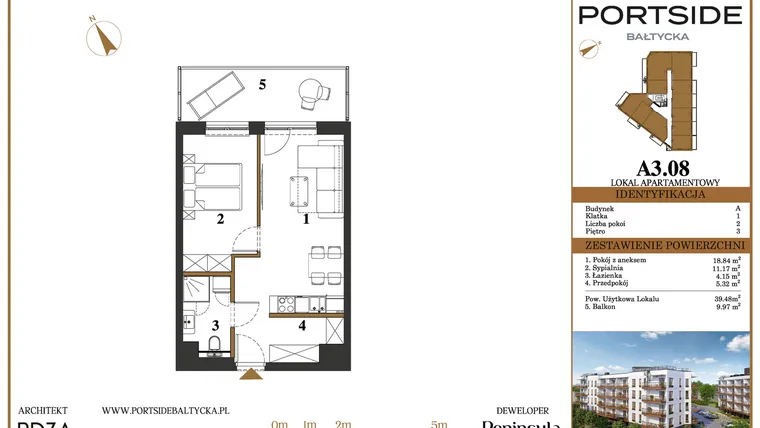 Rzut - Mieszkanie na sprzedaż 2 pokoje o powierzchni 39,48 m² - numer A3.08 w Portside Bałtycka