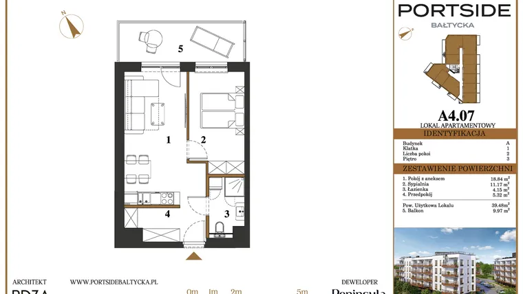 Rzut - Mieszkanie na sprzedaż 2 pokoje o powierzchni 39,48 m² - numer A4.07 w Portside Bałtycka