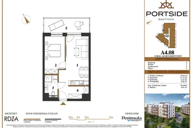 Rzut - Mieszkanie na sprzedaż 2 pokoje o powierzchni 39,48 m² - numer A4.08 w Portside Bałtycka