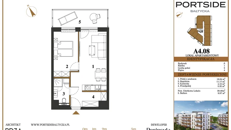 Rzut - Mieszkanie na sprzedaż 2 pokoje o powierzchni 39,48 m² - numer A4.08 w Portside Bałtycka