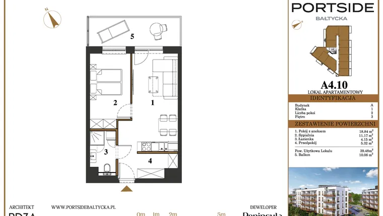 Rzut - Mieszkanie na sprzedaż 2 pokoje o powierzchni 39,48 m² - numer A4.10 w Portside Bałtycka