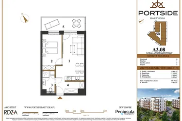 Rzut - Mieszkanie na sprzedaż 2 pokoje o powierzchni 39,76 m² - numer A2.08 w Portside Bałtycka