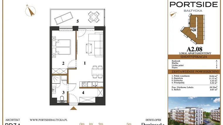 Rzut - Mieszkanie na sprzedaż 2 pokoje o powierzchni 39,76 m² - numer A2.08 w Portside Bałtycka