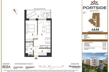 Rzut - Mieszkanie na sprzedaż 2 pokoje o powierzchni 39,76 m² - numer A4.04 w Portside Bałtycka