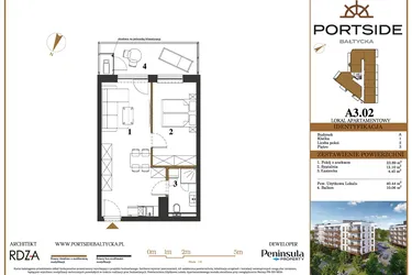Rzut - Mieszkanie na sprzedaż 2 pokoje o powierzchni 40,44 m² - numer A3.02 w Portside Bałtycka