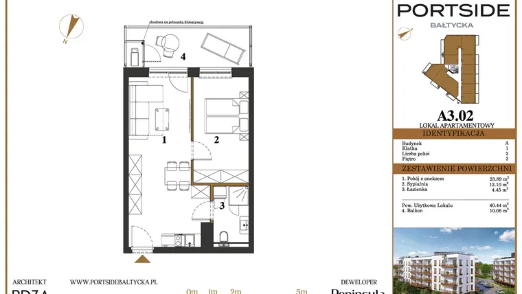 Rzut - Mieszkanie na sprzedaż 2 pokoje o powierzchni 40,44 m² - numer A3.02 w Portside Bałtycka