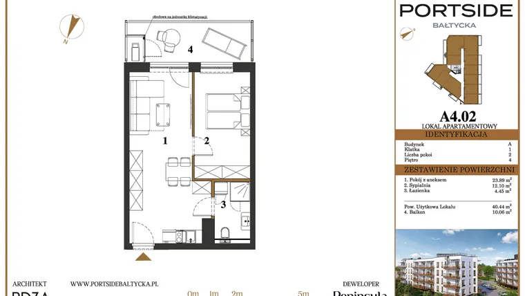 Rzut - Mieszkanie na sprzedaż 2 pokoje o powierzchni 40,44 m² - numer A4.02 w Portside Bałtycka