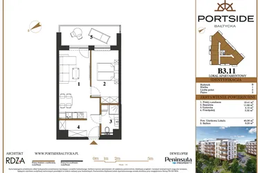 Rzut - Mieszkanie na sprzedaż 2 pokoje o powierzchni 40,56 m² - numer B3.11 w Portside Bałtycka