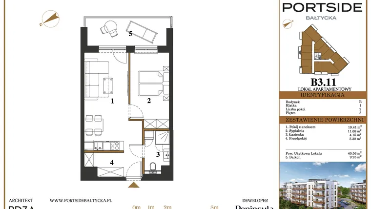 Rzut - Mieszkanie na sprzedaż 2 pokoje o powierzchni 40,56 m² - numer B3.11 w Portside Bałtycka