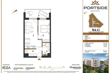 Rzut - Mieszkanie na sprzedaż 2 pokoje o powierzchni 40,56 m² - numer B4.11 w Portside Bałtycka