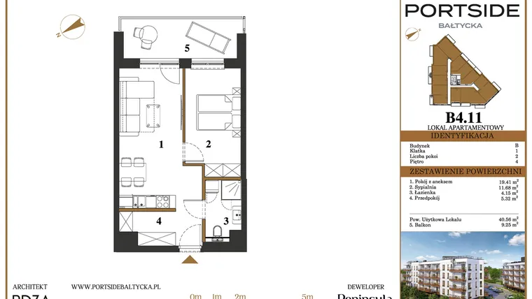 Rzut - Mieszkanie na sprzedaż 2 pokoje o powierzchni 40,56 m² - numer B4.11 w Portside Bałtycka