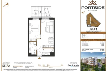 Rzut - Mieszkanie na sprzedaż 2 pokoje o powierzchni 40,69 m² - numer B0.13 w Portside Bałtycka
