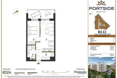 Rzut - Mieszkanie na sprzedaż 2 pokoje o powierzchni 40,84 m² - numer B3.12 w Portside Bałtycka