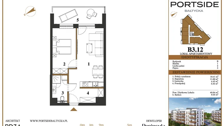 Rzut - Mieszkanie na sprzedaż 2 pokoje o powierzchni 40,84 m² - numer B3.12 w Portside Bałtycka