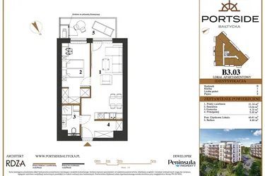Rzut - Mieszkanie na sprzedaż 2 pokoje o powierzchni 43,61 m² - numer B3.03 w Portside Bałtycka