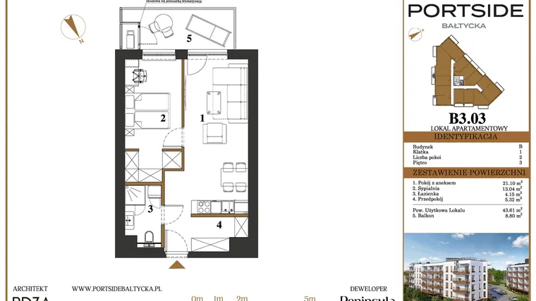 Rzut - Mieszkanie na sprzedaż 2 pokoje o powierzchni 43,61 m² - numer B3.03 w Portside Bałtycka
