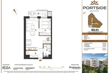 Rzut - Mieszkanie na sprzedaż 2 pokoje o powierzchni 43,76 m² - numer B0.01 w Portside Bałtycka