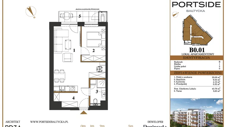Rzut - Mieszkanie na sprzedaż 2 pokoje o powierzchni 43,76 m² - numer B0.01 w Portside Bałtycka