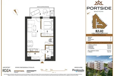 Rzut - Mieszkanie na sprzedaż 2 pokoje o powierzchni 43,76 m² - numer B3.02 w Portside Bałtycka