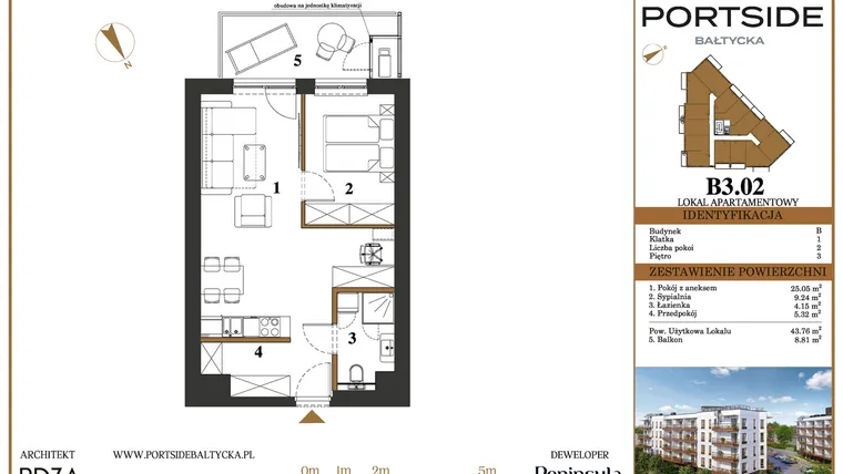 Rzut - Mieszkanie na sprzedaż 2 pokoje o powierzchni 43,76 m² - numer B3.02 w Portside Bałtycka