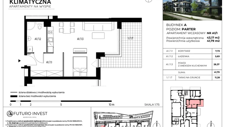 Rzut - Mieszkanie na sprzedaż 2 pokoje o powierzchni 42,15 m² - numer A1/1 w Apartamenty Klimatyczna