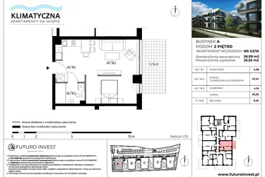 Rzut - Mieszkanie na sprzedaż 2 pokoje o powierzchni 36,28 m² - numer A3/16 w Apartamenty Klimatyczna