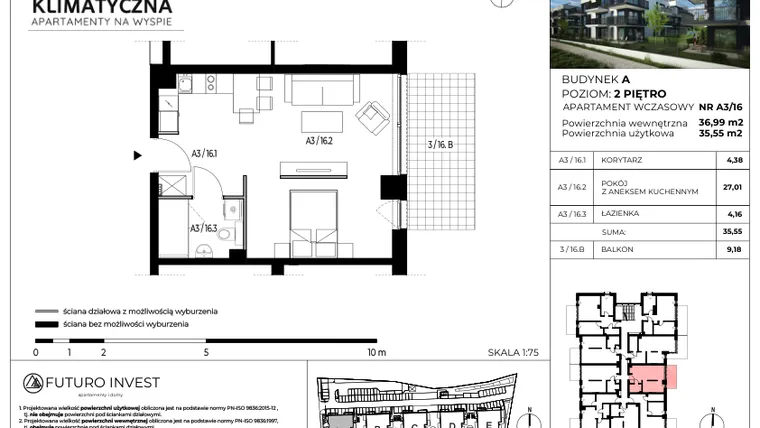 Rzut - Mieszkanie na sprzedaż 2 pokoje o powierzchni 36,28 m² - numer A3/16 w Apartamenty Klimatyczna
