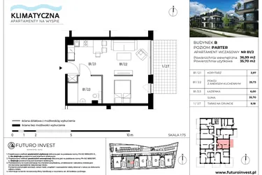 Rzut - Mieszkanie na sprzedaż 2 pokoje o powierzchni 36,02 m² - numer B1/2 w Apartamenty Klimatyczna