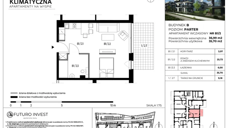 Rzut - Mieszkanie na sprzedaż 2 pokoje o powierzchni 36,02 m² - numer B1/2 w Apartamenty Klimatyczna