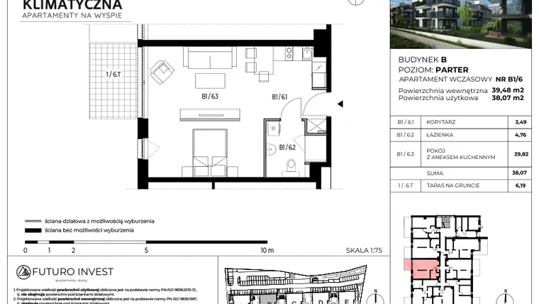 Rzut - Mieszkanie na sprzedaż 2 pokoje o powierzchni 38,52 m² - numer B1/6 w Apartamenty Klimatyczna