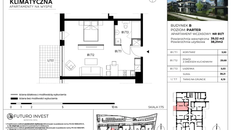 Rzut - Mieszkanie na sprzedaż 2 pokoje o powierzchni 38,65 m² - numer B1/7 w Apartamenty Klimatyczna