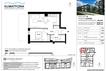 Rzut - Mieszkanie na sprzedaż 2 pokoje o powierzchni 37,17 m² - numer B1/8 w Apartamenty Klimatyczna