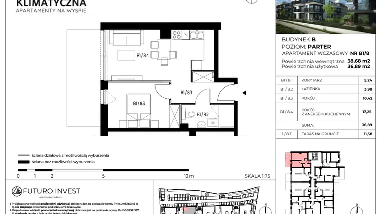 Rzut - Mieszkanie na sprzedaż 2 pokoje o powierzchni 37,17 m² - numer B1/8 w Apartamenty Klimatyczna
