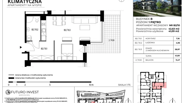 Rzut - Mieszkanie na sprzedaż 2 pokoje o powierzchni 41,96 m² - numer B2/10 w Apartamenty Klimatyczna