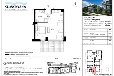 Rzut - Mieszkanie na sprzedaż 2 pokoje o powierzchni 30,84 m² - numer B2/13 w Apartamenty Klimatyczna