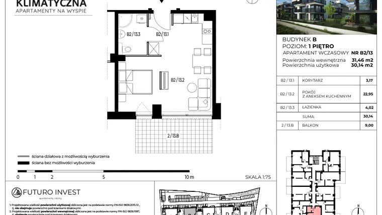 Rzut - Mieszkanie na sprzedaż 2 pokoje o powierzchni 30,84 m² - numer B2/13 w Apartamenty Klimatyczna