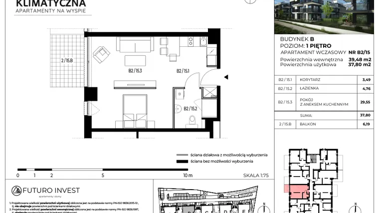 Rzut - Mieszkanie na sprzedaż 2 pokoje o powierzchni 38,48 m² - numer B2/15 w Apartamenty Klimatyczna