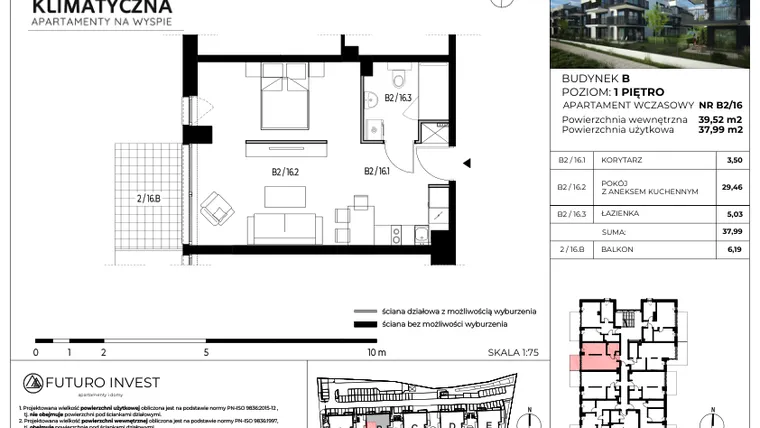 Rzut - Mieszkanie na sprzedaż 2 pokoje o powierzchni 38,48 m² - numer B2/16 w Apartamenty Klimatyczna