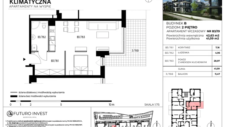Rzut - Mieszkanie na sprzedaż 2 pokoje o powierzchni 41,96 m² - numer B3/19 w Apartamenty Klimatyczna