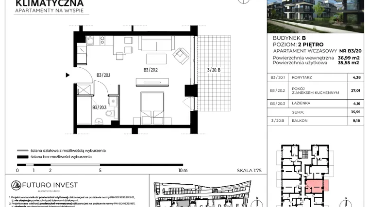 Rzut - Mieszkanie na sprzedaż 2 pokoje o powierzchni 36,03 m² - numer B3/20 w Apartamenty Klimatyczna