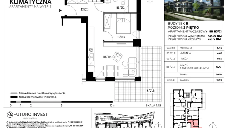 Rzut - Mieszkanie na sprzedaż 2 pokoje o powierzchni 40,21 m² - numer B3/21 w Apartamenty Klimatyczna