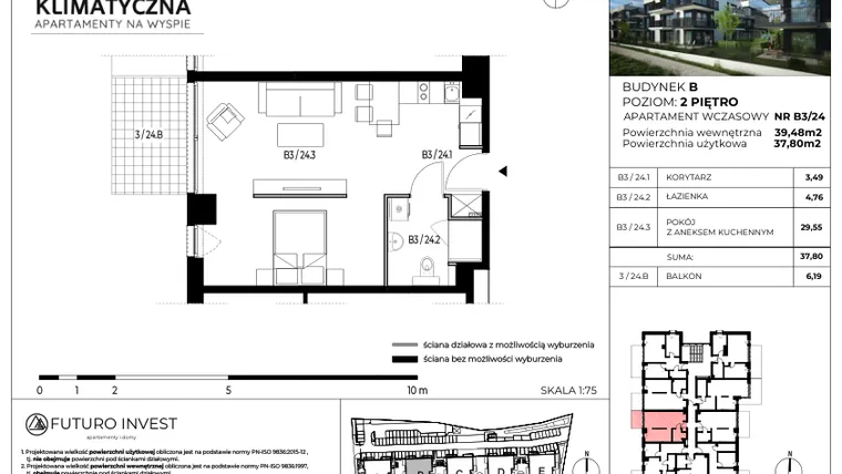 Rzut - Mieszkanie na sprzedaż 2 pokoje o powierzchni 38,3 m² - numer B3/24 w Apartamenty Klimatyczna