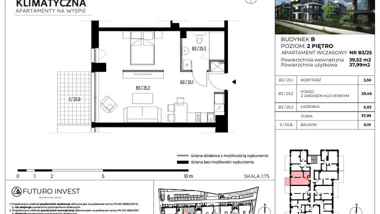 Rzut - Mieszkanie na sprzedaż 2 pokoje o powierzchni 38,55 m² - numer B3/25 w Apartamenty Klimatyczna