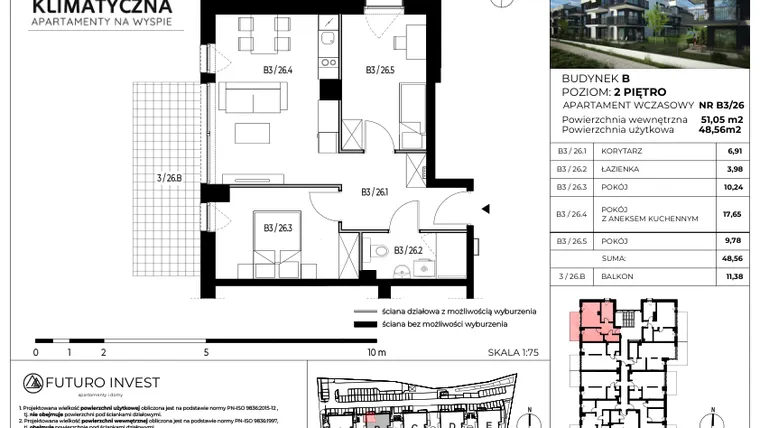 Rzut - Mieszkanie na sprzedaż 3 pokoje o powierzchni 49,53 m² - numer B3/26 w Apartamenty Klimatyczna