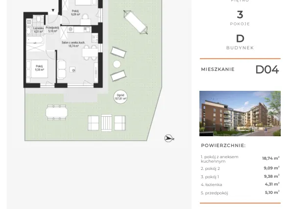 Rzut - Mieszkanie na sprzedaż 3 pokoje o powierzchni 46,55 m² - numer D04 w Na Koszutce II