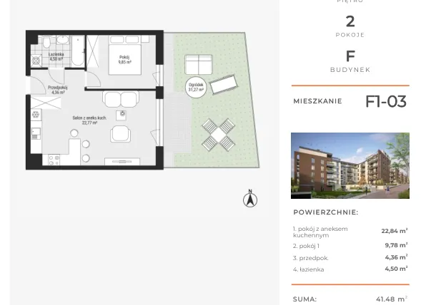 Rzut - Mieszkanie na sprzedaż 2 pokoje o powierzchni 41,41 m² - numer F1-03 w Na Koszutce II